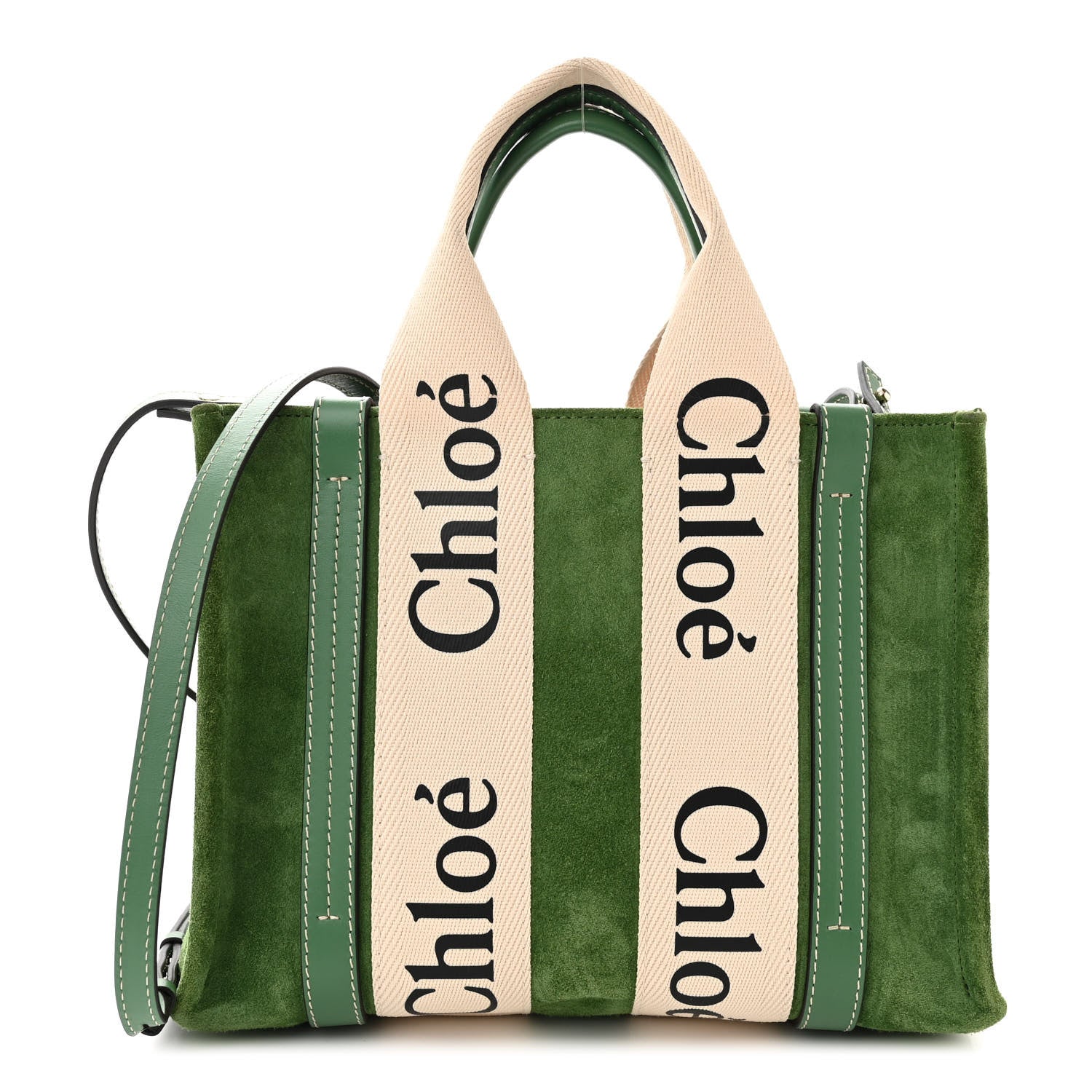 Chloe Suede Calfskin Small Woody Ribbon Tote Bright Green 1 of 10