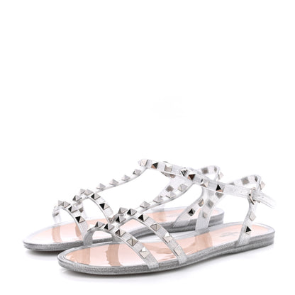 Valentino Garavani PVC Jelly Glitter Rockstud Caged Sandals 38 SIlver 3 of 8
