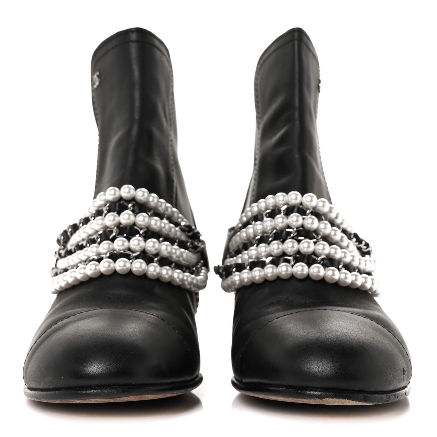 Calfskin Pearl Cap Toe Short Boots 41 Black