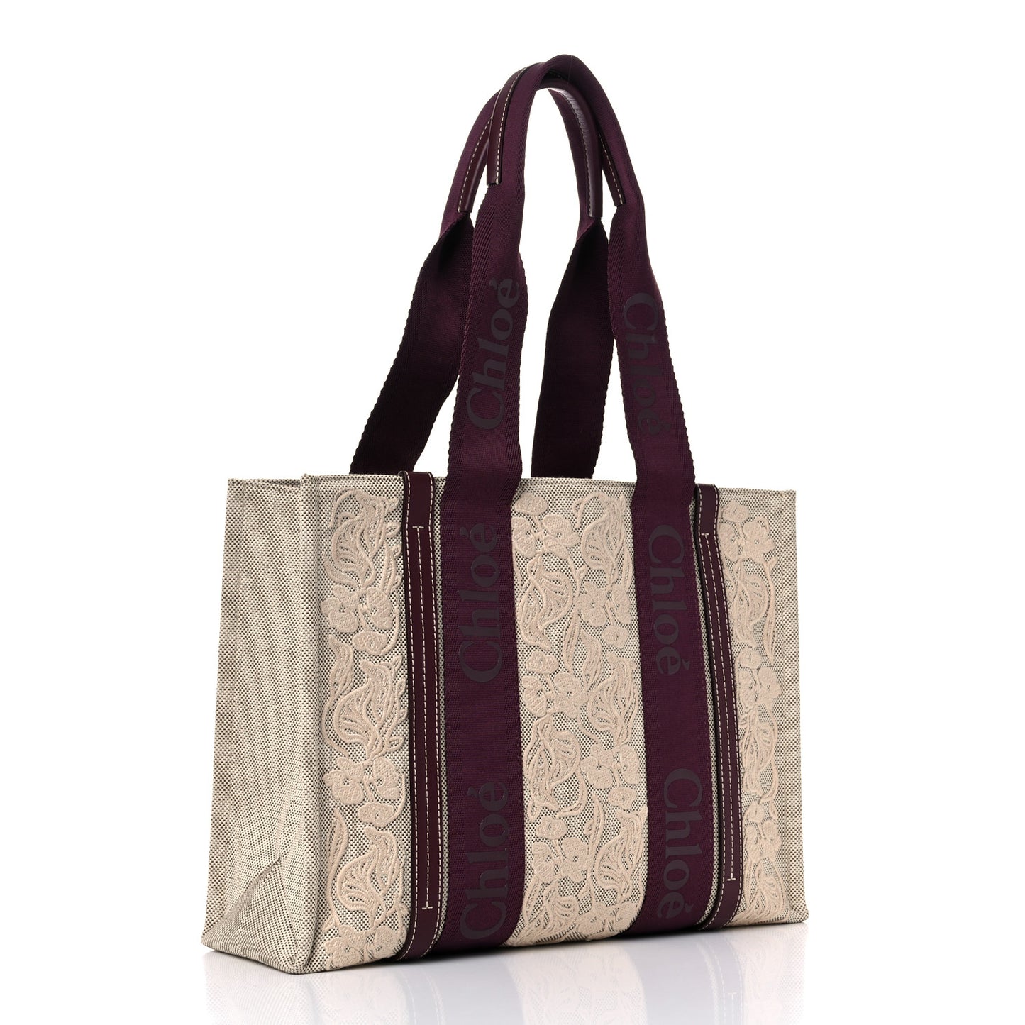 Cotton Calfskin Embroidered Medium Woody Ribbon Tote Burgundy