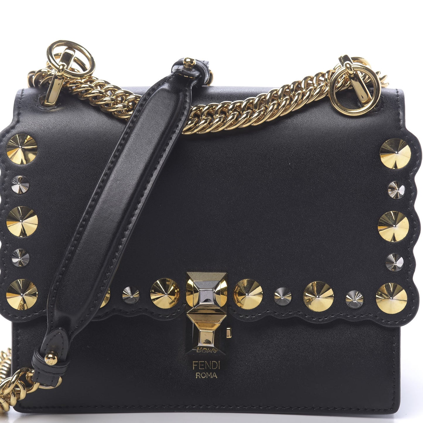 Vitello Liberty Metal Scalloped Multi Studded Small Kan I Shoulder Bag Black