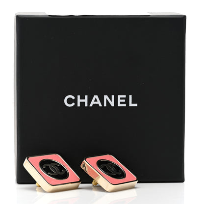 Chanel Metal Enamel CC Square Earrings Gold Black Pink 5 of 5