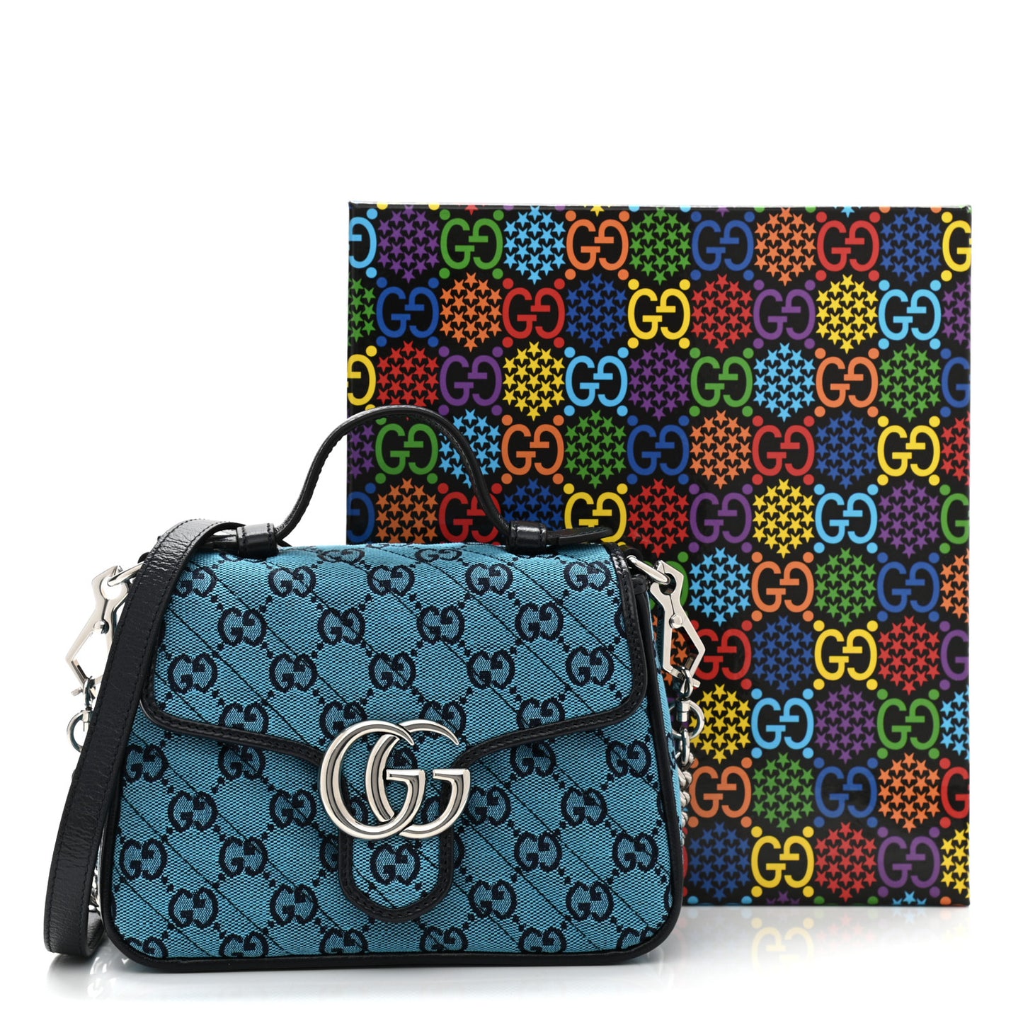 Monogram Multicolor Matelasse Diagonal Mini GG Marmont Top Handle Shoulder Bag Light Blue