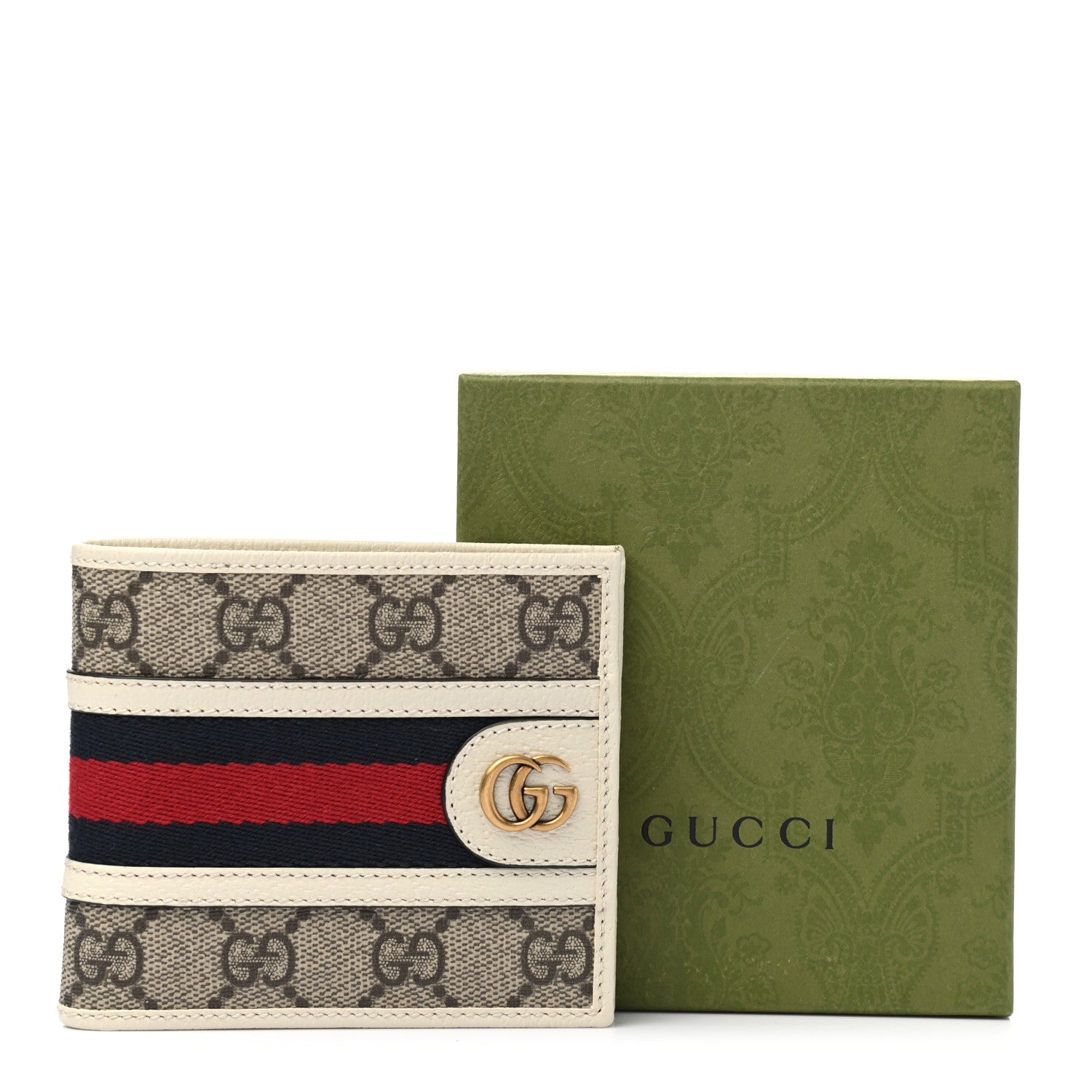 Gucci GG Supreme Monogram Textured Calfskin Web Mens Ophidia Bi-Fold Coin Wallet Beige Ebony Mystic White 9 of 9