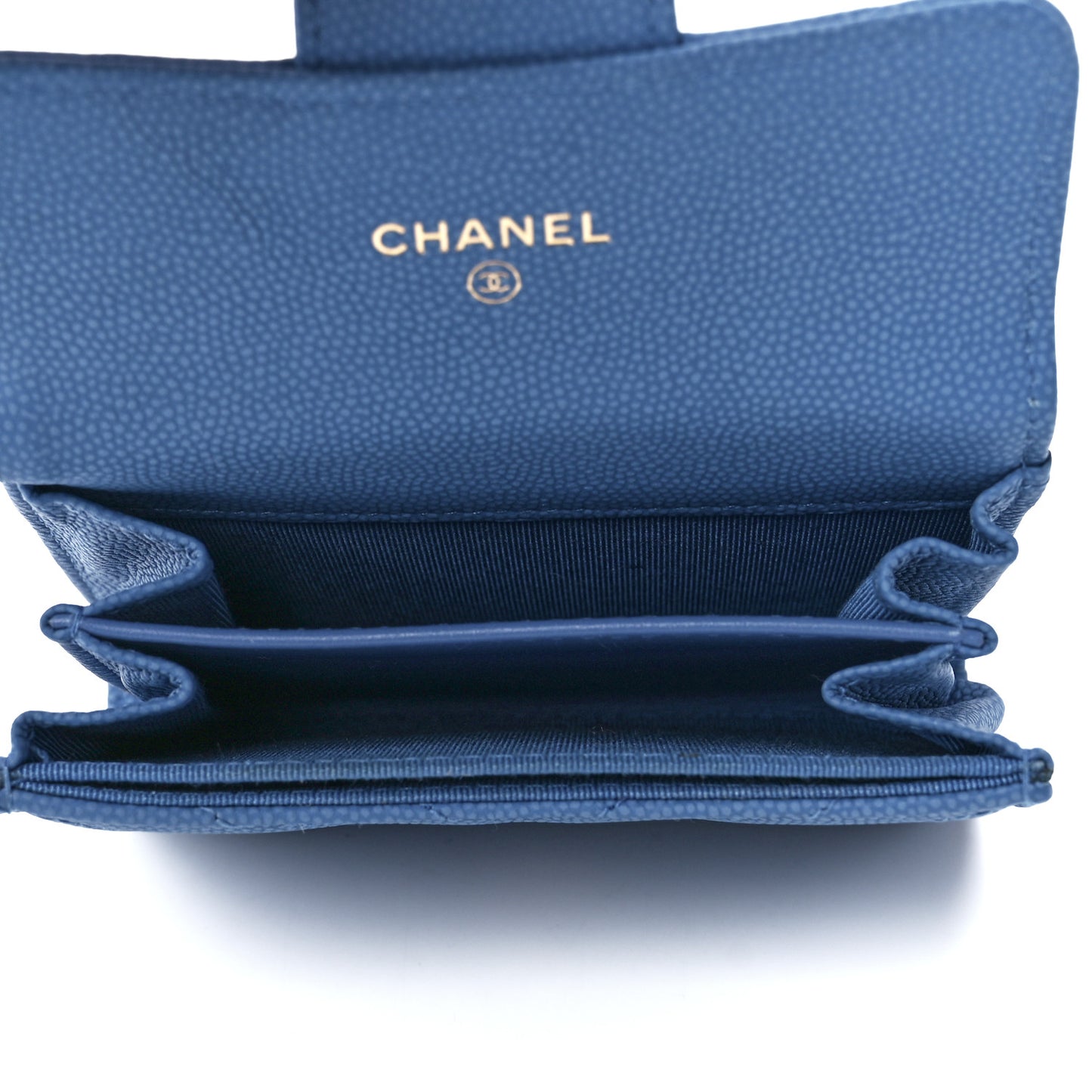 Caviar Flat Chevron Quilted Flap Card Holder Wallet Blue