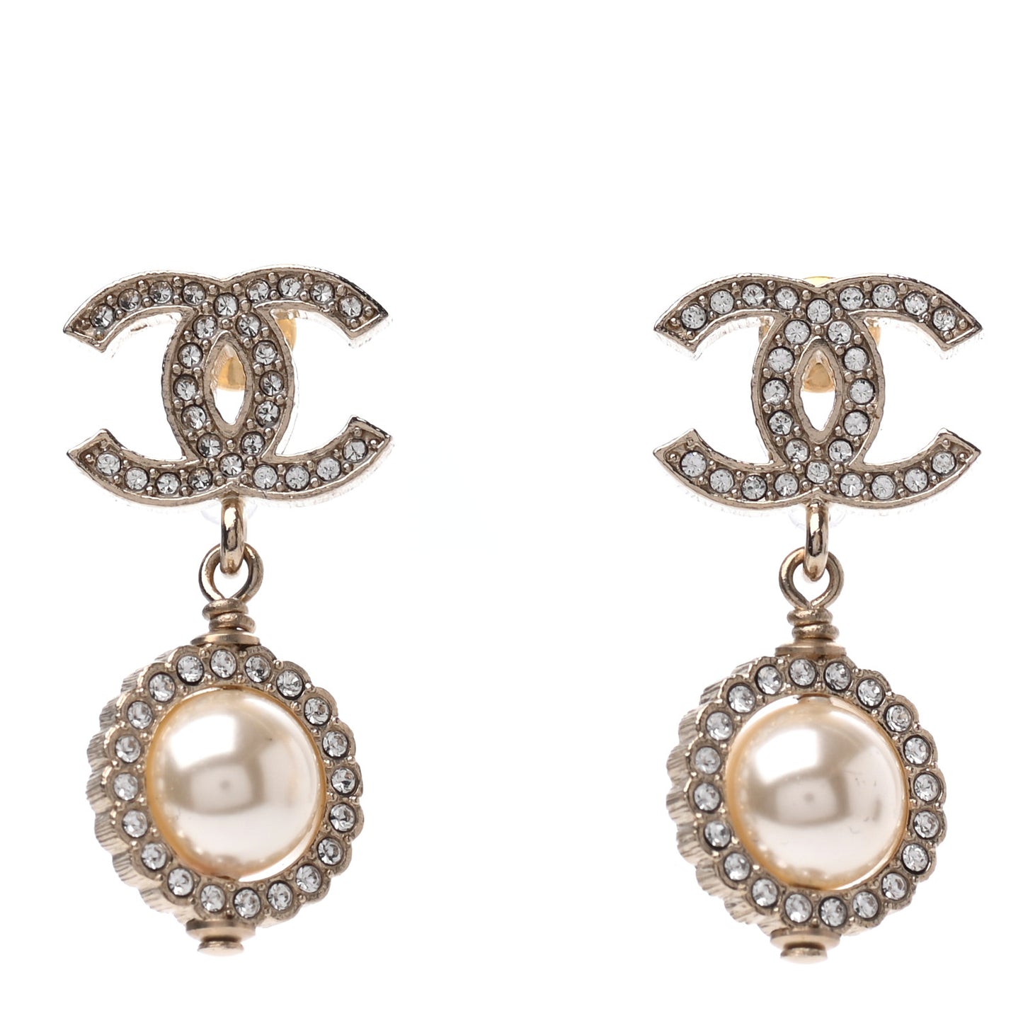 Crystal Pearl CC Drop Earrings Gold