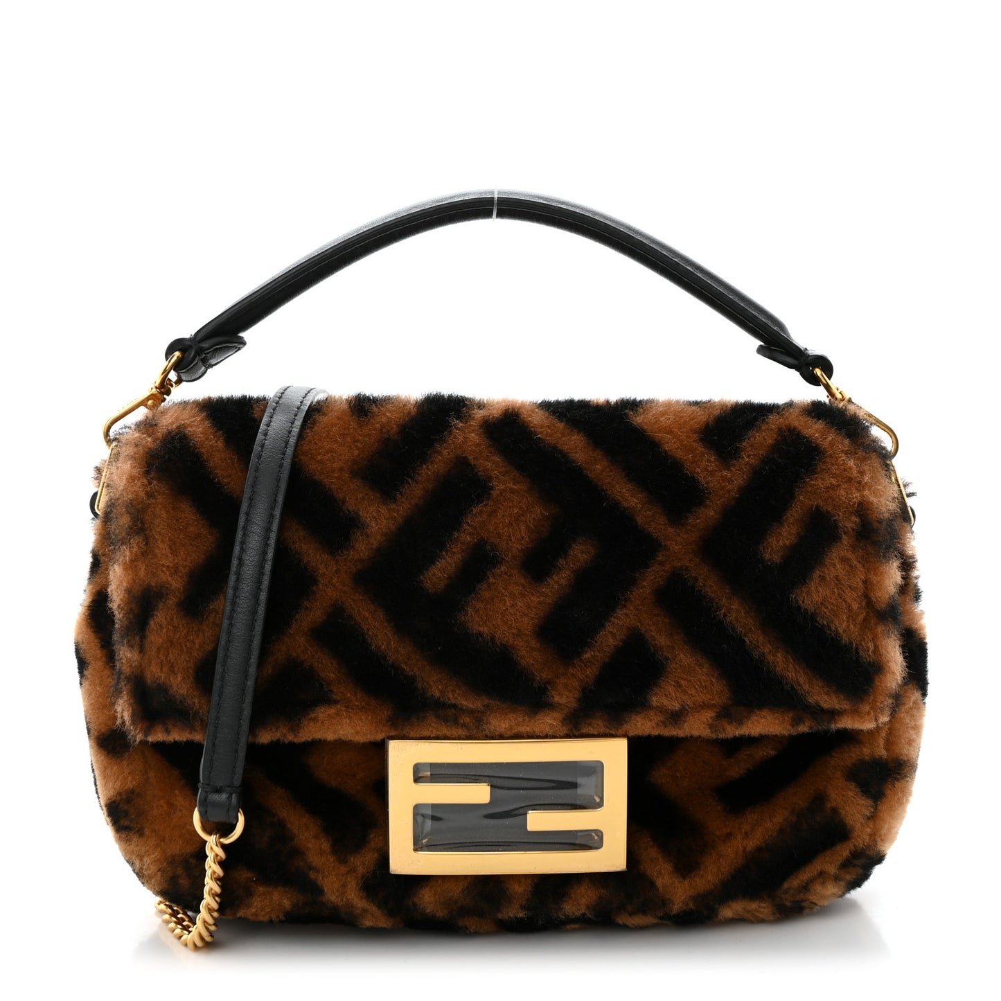 Shearling Vitello Dolce Macro FF 1974 Mini Baguette Tobacco Black