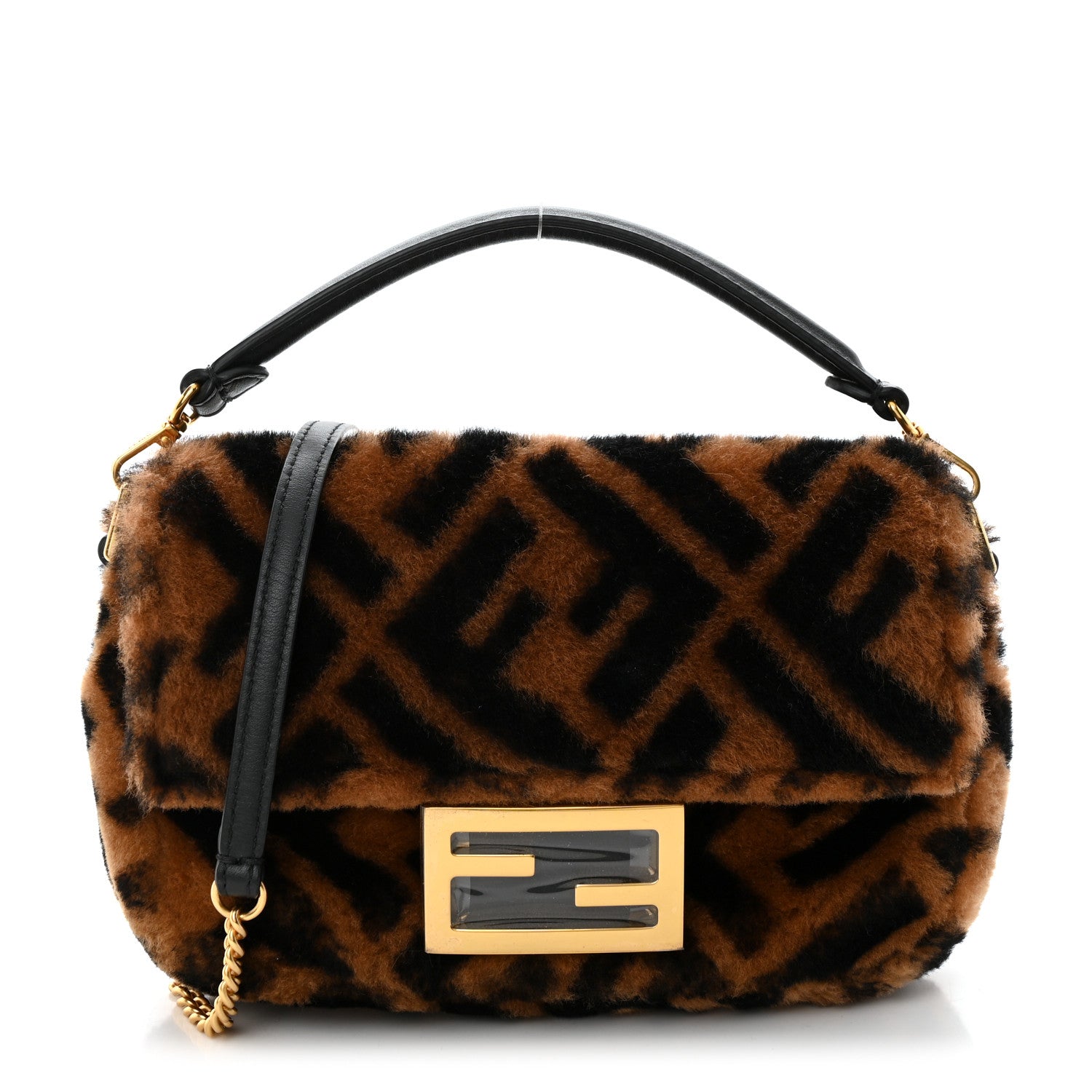 Fendi Shearling Vitello Dolce Macro FF 1974 Mini Baguette Tobacco Black 1 of 12