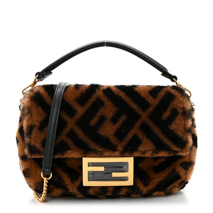 Fendi Shearling Vitello Dolce Macro FF 1974 Mini Baguette Tobacco Black 1 of 12