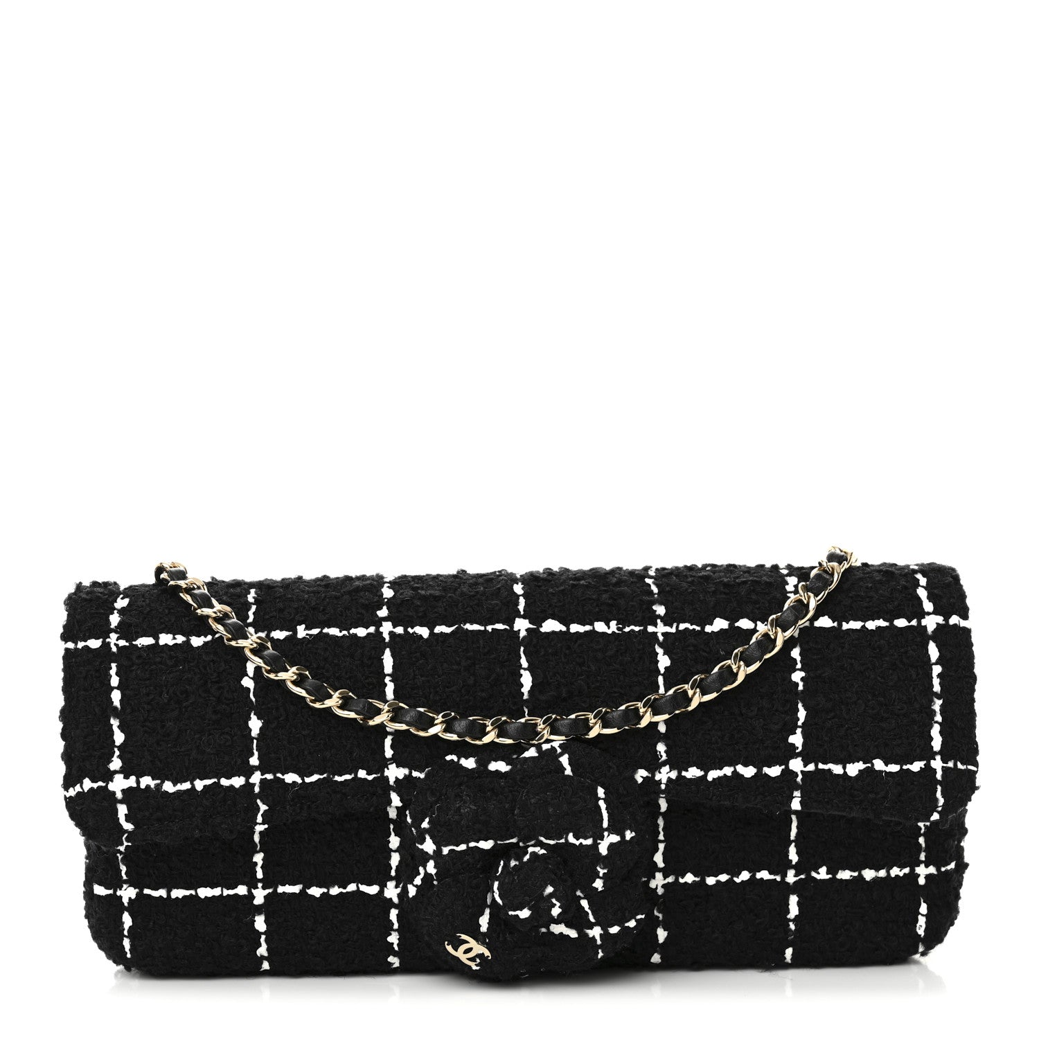 Chanel Tweed Quilted East West Camellia Clutch  Black White 1 of 11