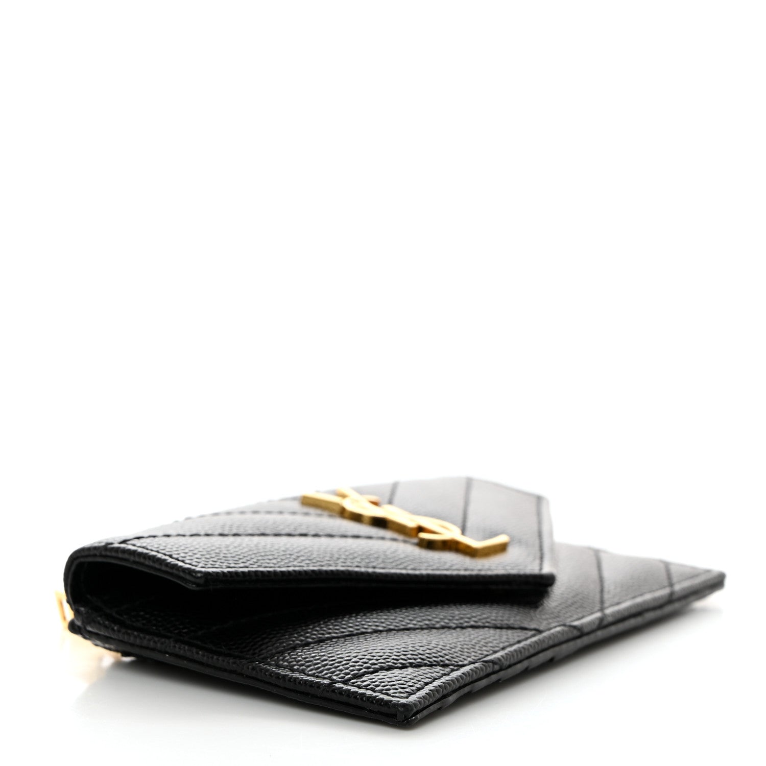 Saint Laurent Grain De Poudre Matelasse Chevron Monogram Compact Wallet Black 4 of 7