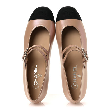 Chanel Lambskin Grosgrain Pearl Mary Jane Flats 39 Beige Black 2 of 11