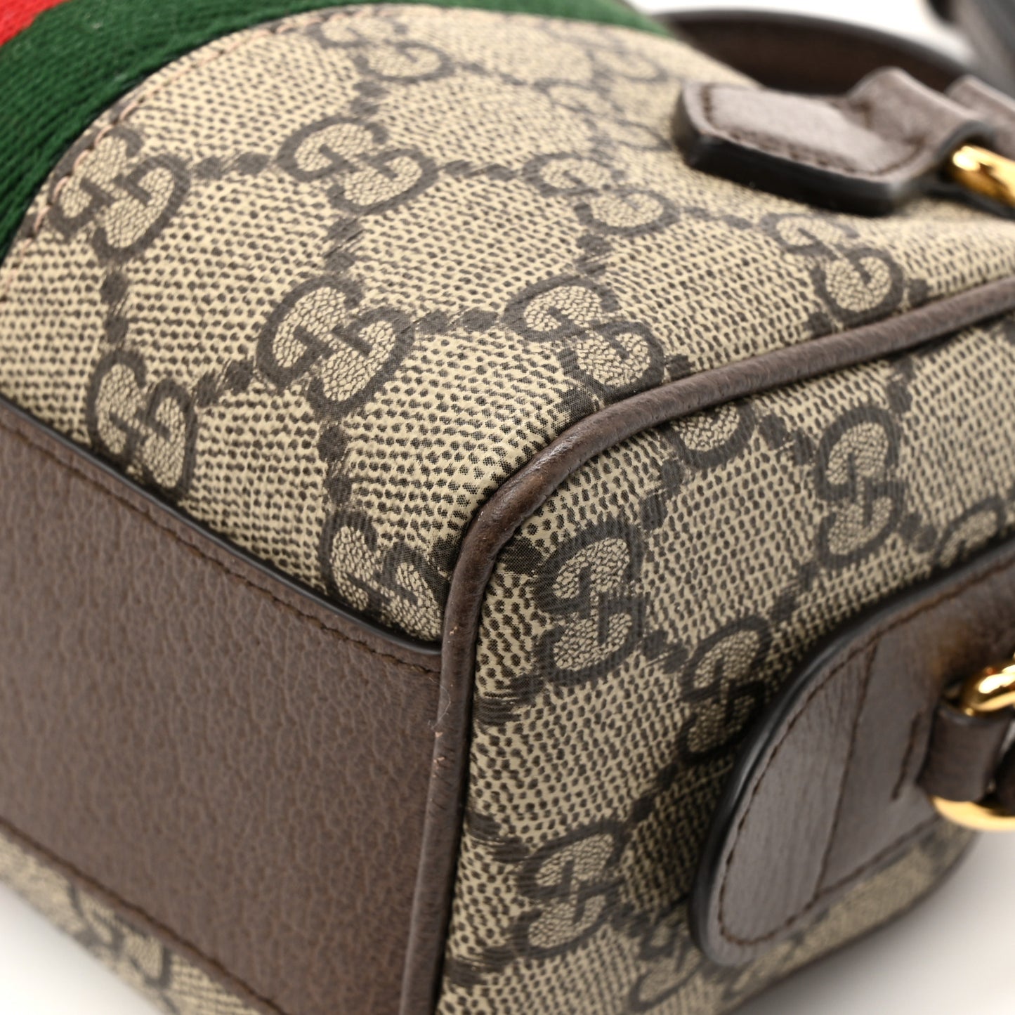 GG Supreme Monogram Textured Dollar Calfskin Web Super Mini Ophidia Top Handle Bowler Bag Beige Ebony New Acero