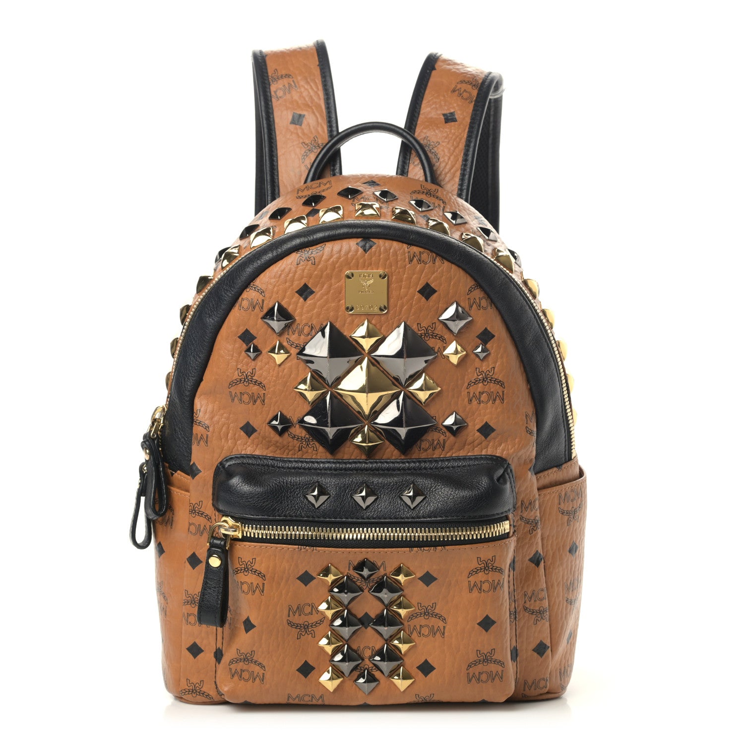 MCM Visetos Studded Colorblock Small Stark Brock Backpack Cognac Black 1 of 13