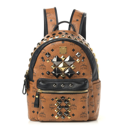 MCM Visetos Studded Colorblock Small Stark Brock Backpack Cognac Black 1 of 13
