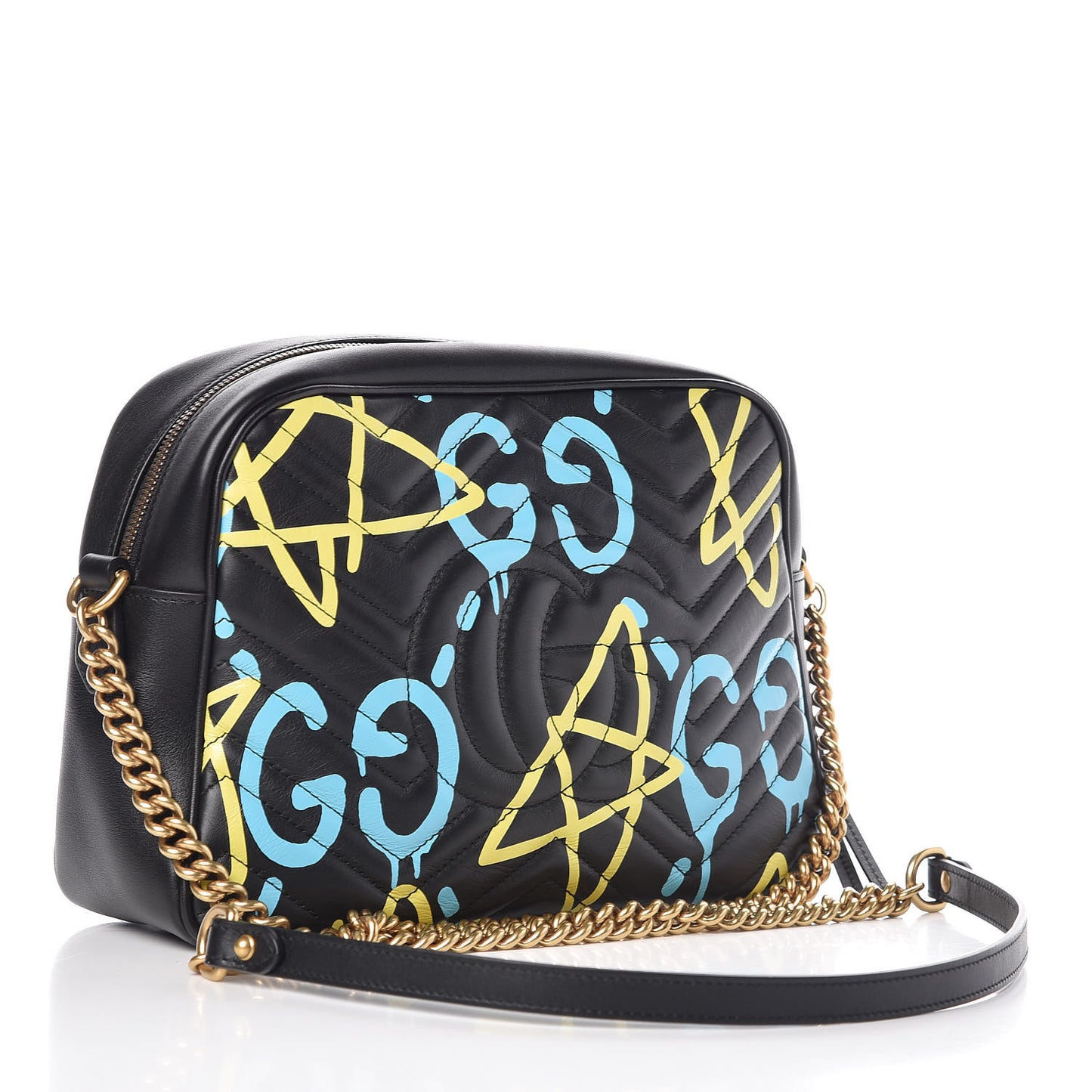 Calfskin Matelasse GucciGhost Medium GG Marmont Chain Shoulder Bag Black New Acquamarine