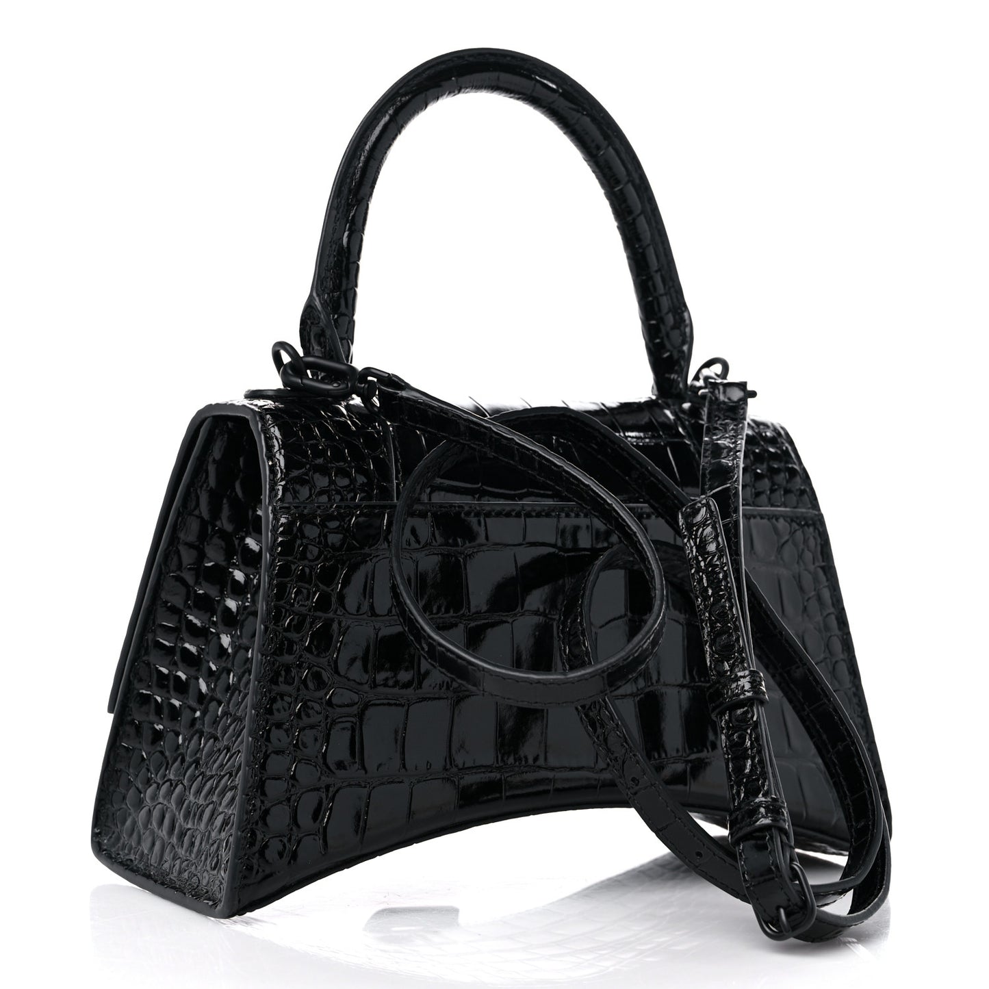 Shiny Calfskin Monochrome Crocodile Embossed Small Hourglass Top Handle Bag Black