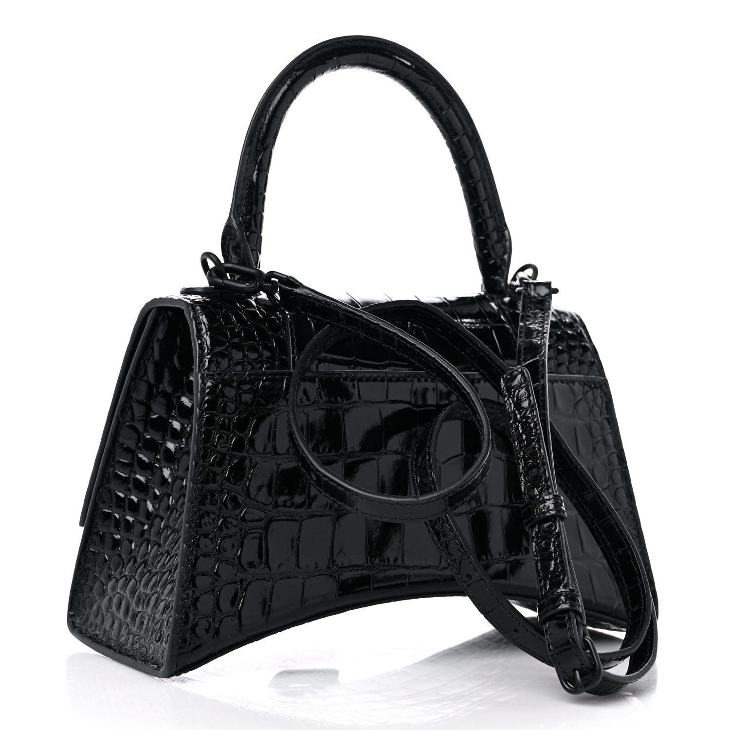 Balenciaga Shiny Calfskin Monochrome Crocodile Embossed Small Hourglass Top Handle Bag Black 3 of 13