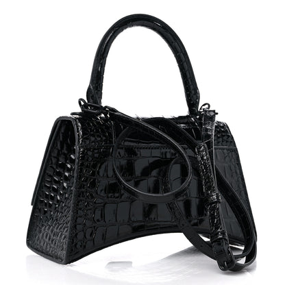 Balenciaga Shiny Calfskin Monochrome Crocodile Embossed Small Hourglass Top Handle Bag Black 3 of 13