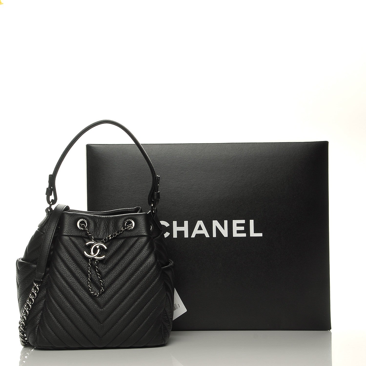 Chanel Deerskin Chevron Small Chain Bucket Bag Black 8 of 8