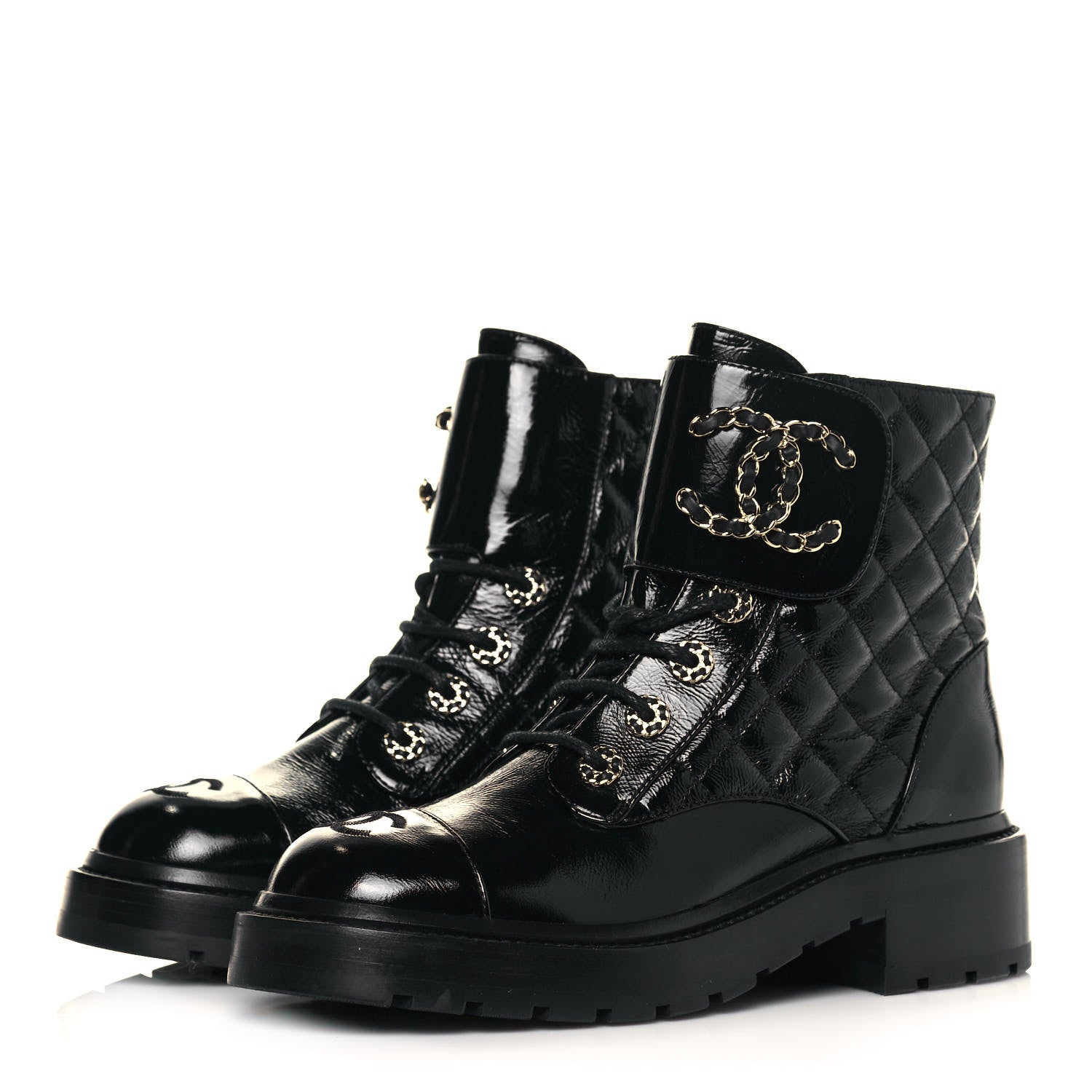 Chanel Shiny Calfskin Quilted Lace Up Combat Boots 36.5 Black 3 of 7