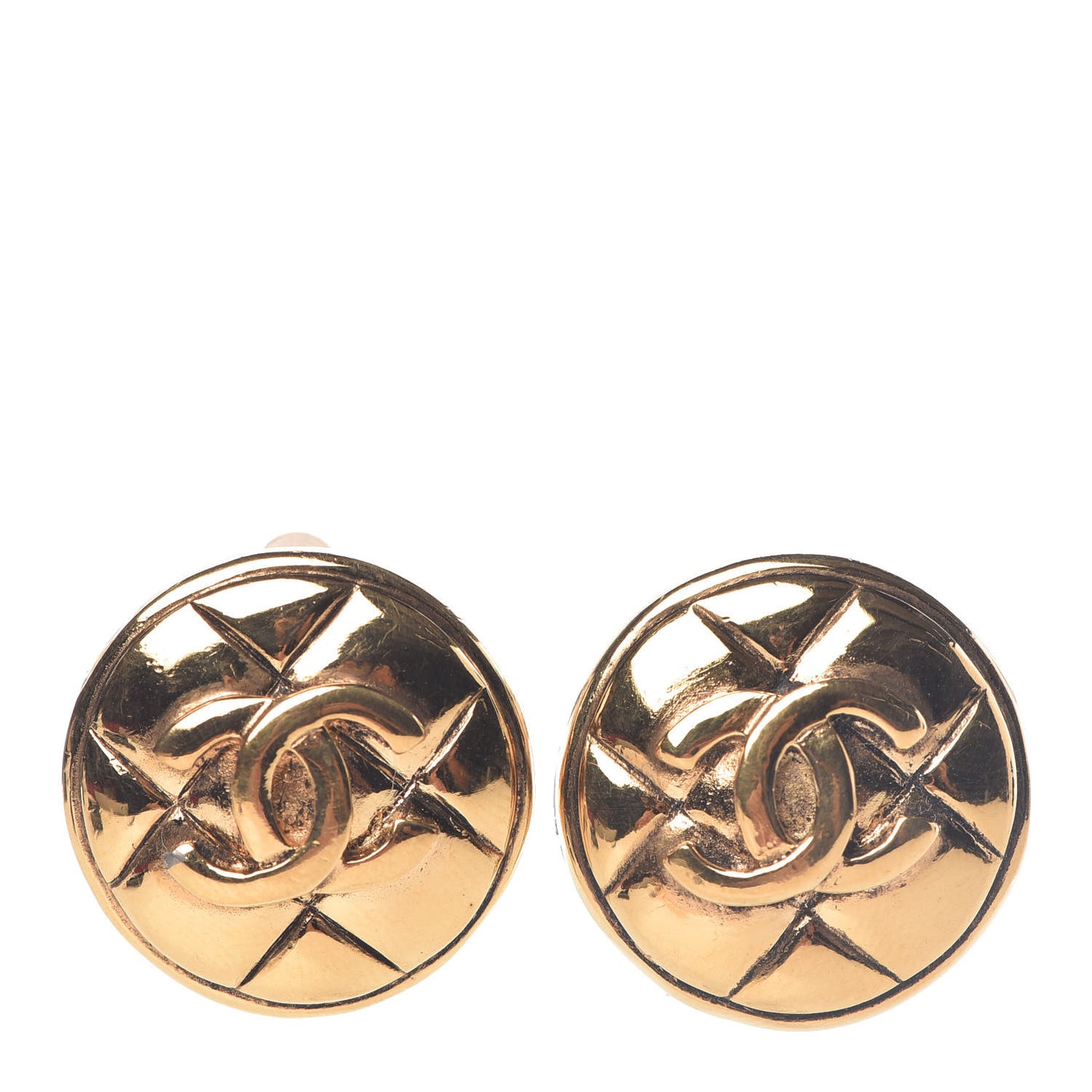 Metal Quilted CC Round Clip On Earrings Gold