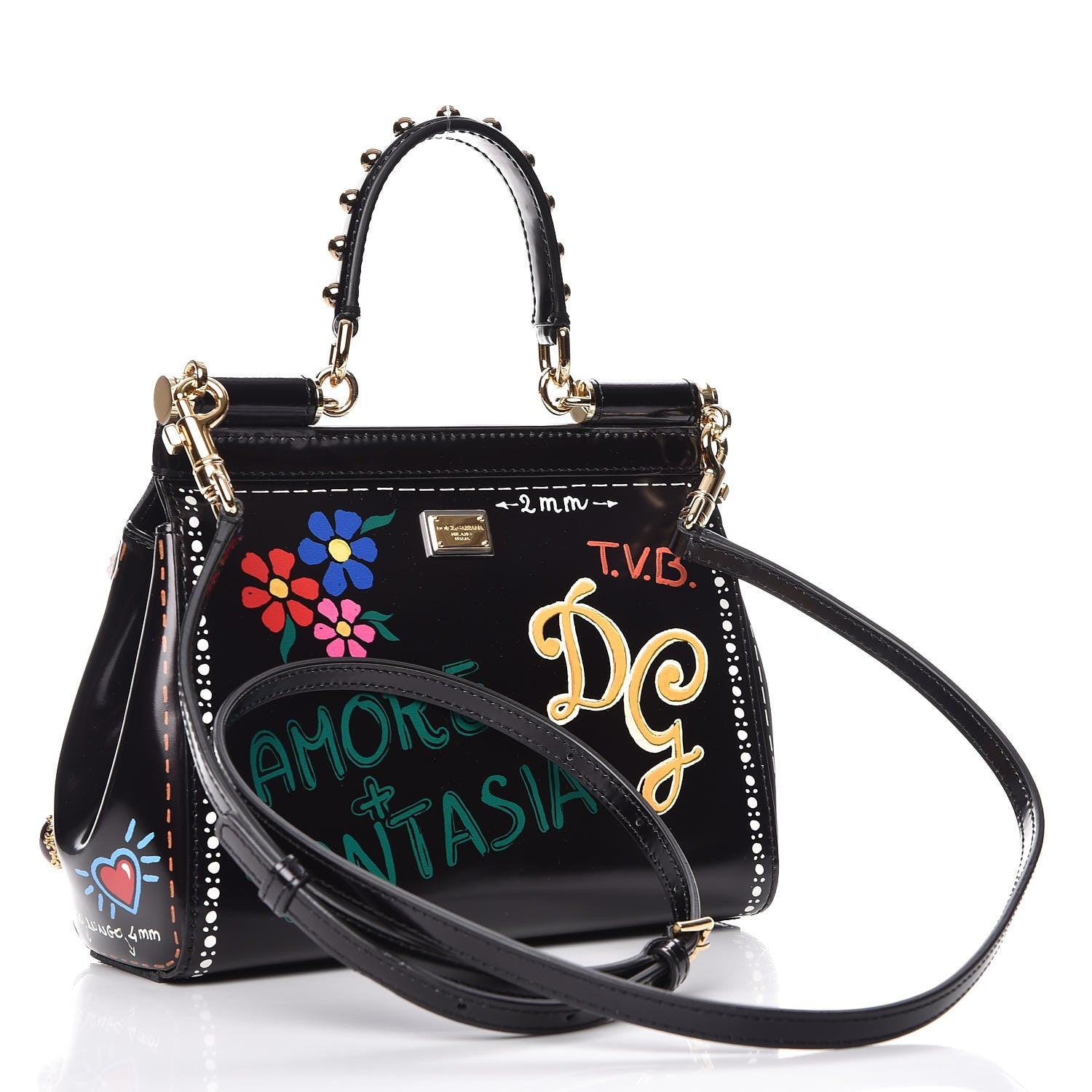 Dolce & Gabbana Glazed Calfskin Embroidered Medium Heart Flower Miss Sicily Satchel Black 3 of 11