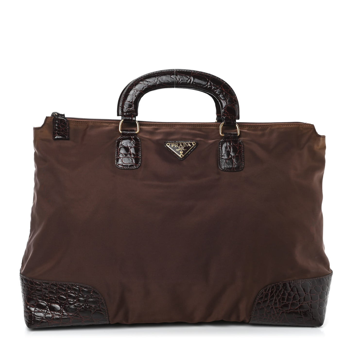 Tessuto Nylon Calfskin Crocodile Embossed Tote Brown