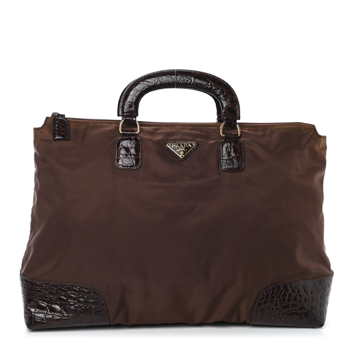 Prada Tessuto Nylon Calfskin Crocodile Embossed Tote Brown 1 of 4
