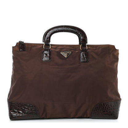 Prada Tessuto Nylon Calfskin Crocodile Embossed Tote Brown 1 of 4