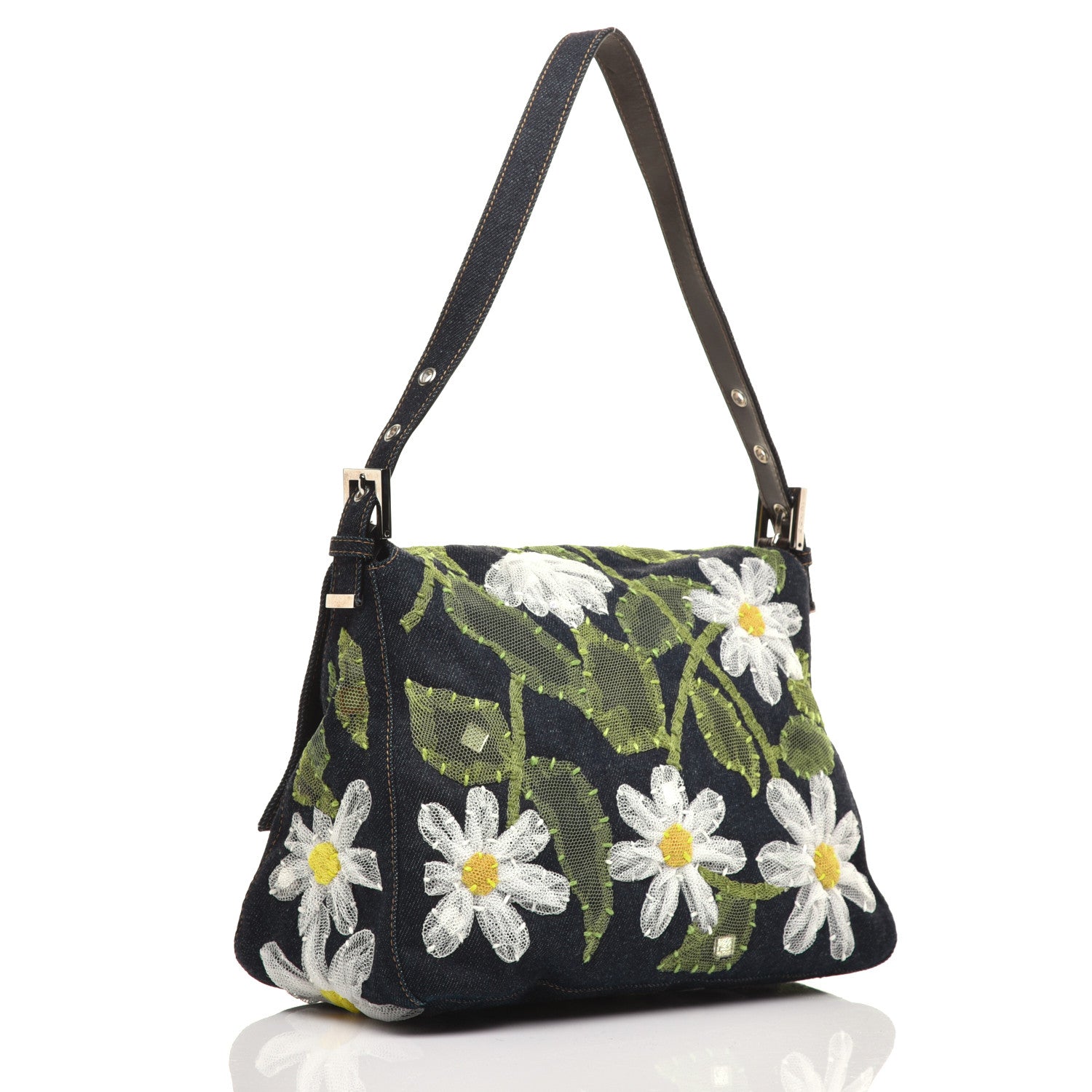 Fendi Denim Flower Applique Mama Baguette Blue 3 of 8