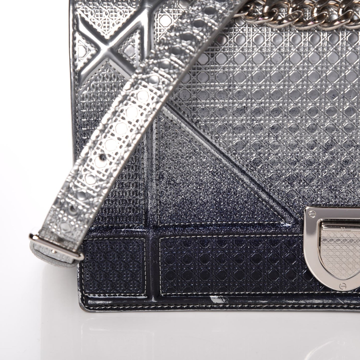 Metallic Patent Micro-Cannage Gradient Medium Diorama Flap Bag Silver Blue