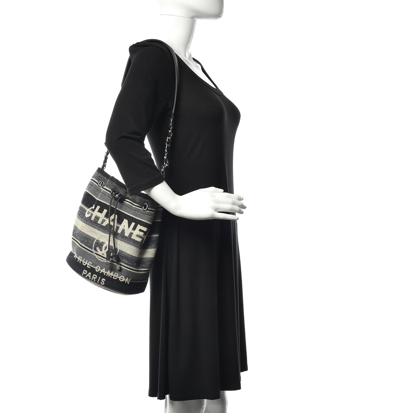 Striped Canvas Deauville Drawstring Bag Grey Black