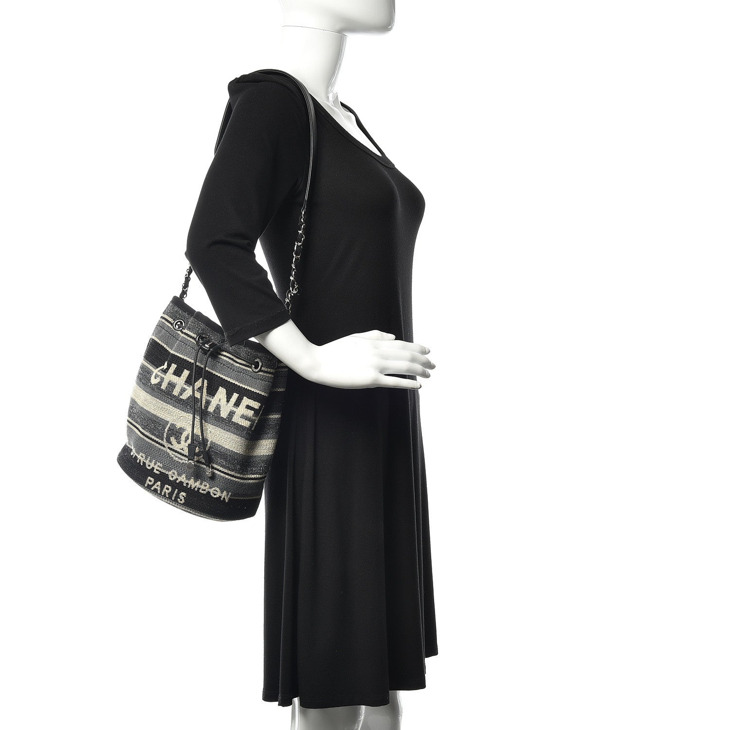 Chanel Striped Canvas Deauville Drawstring Bag Grey Black 2 of 11