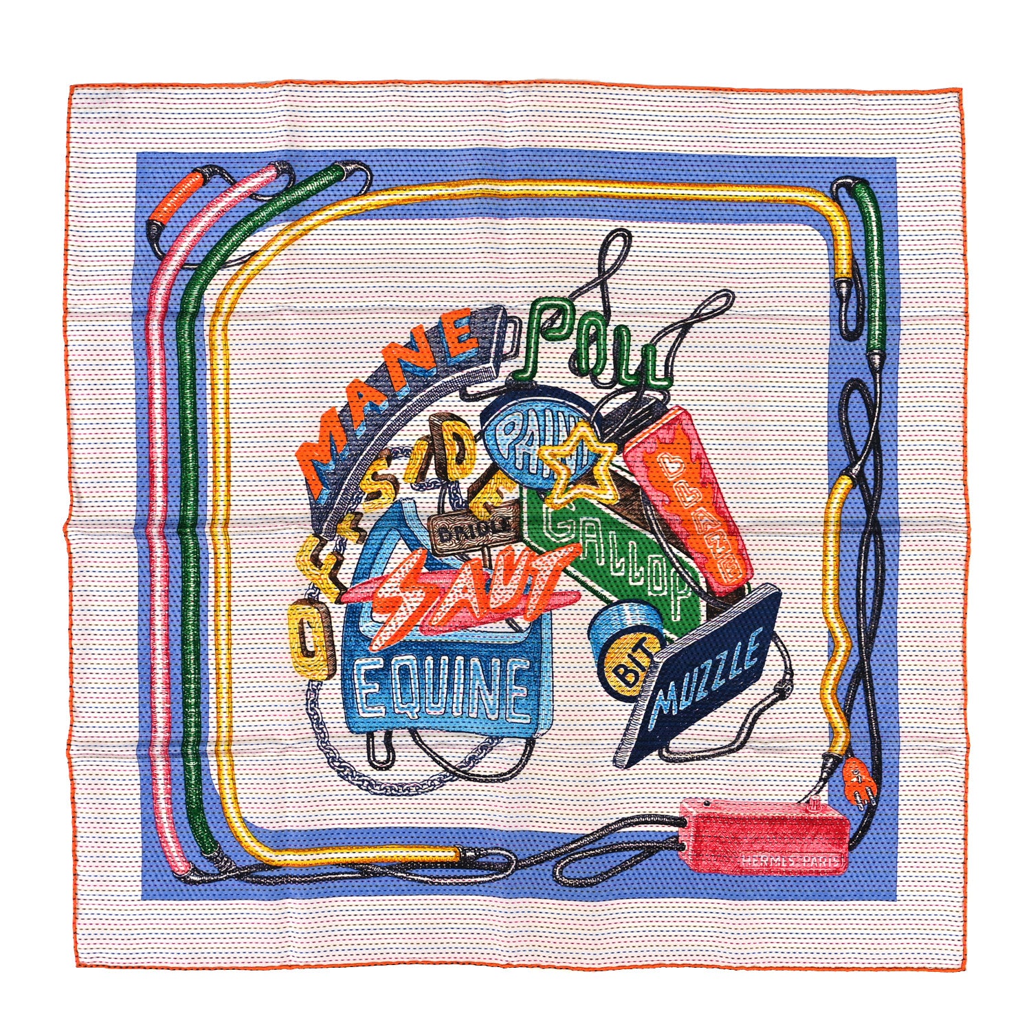 Hermes Silk Pointille Chevaloscope Neon Scarf 70 White Bleu Vert 1 of 3