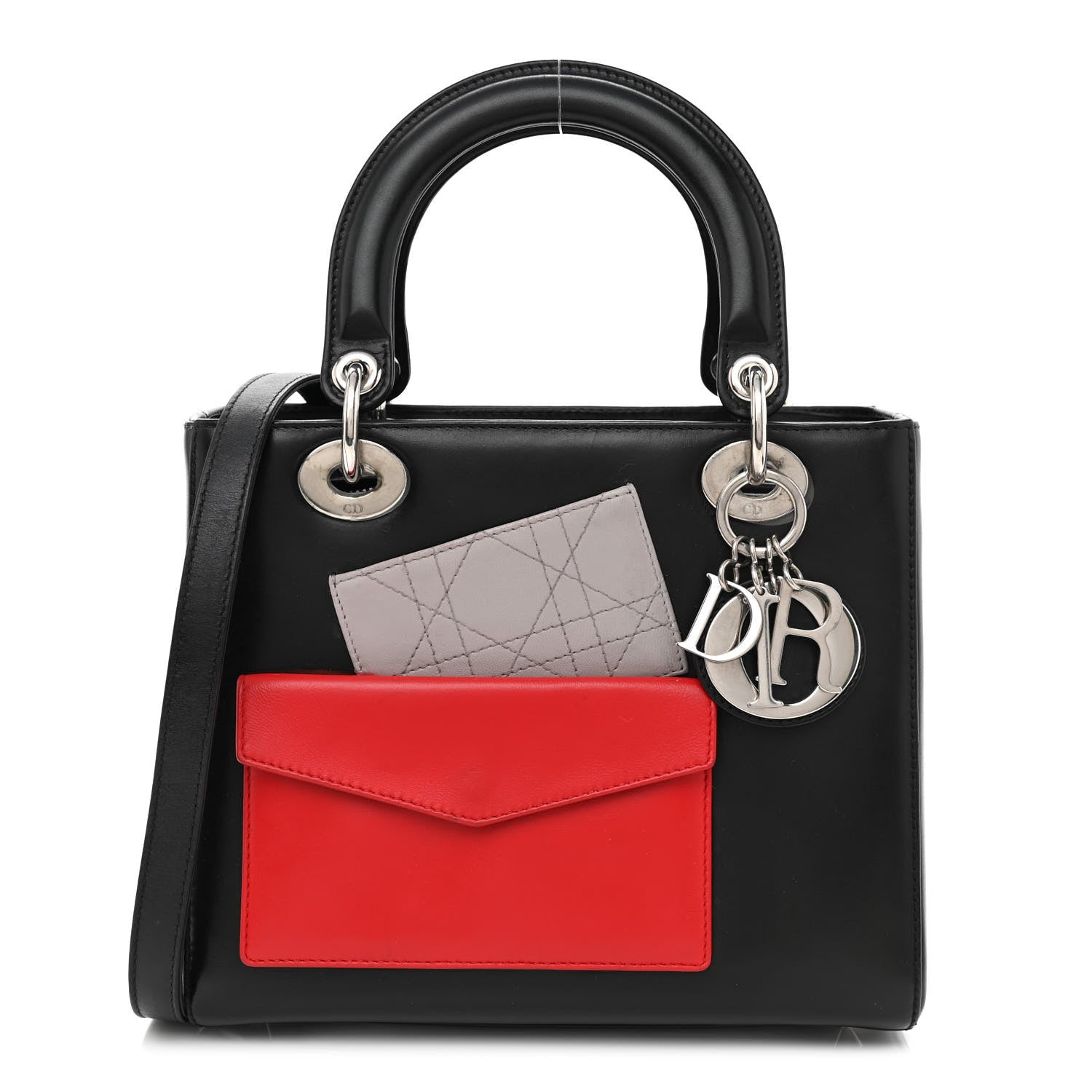 Christian Dior Calfskin Pockets Medium Lady Dior Black Red Grey 1 of 10