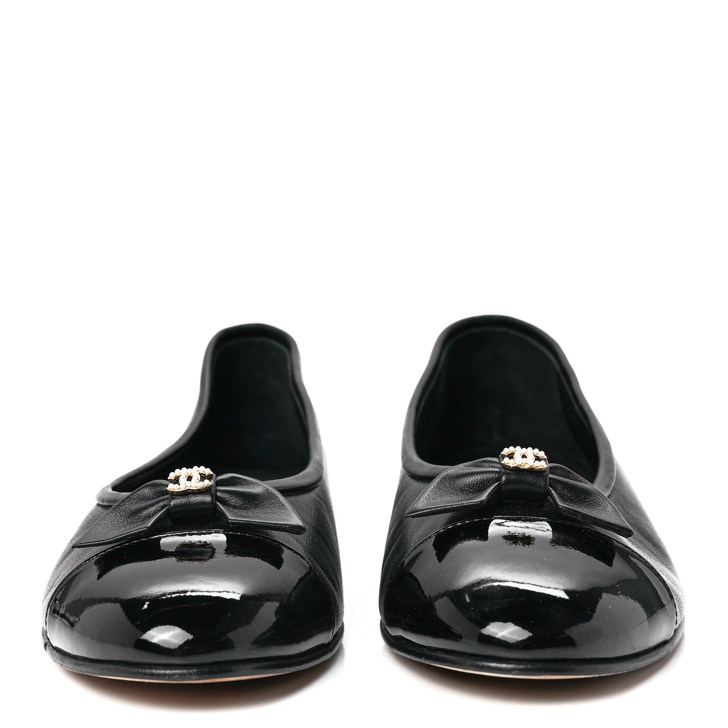Lambskin Patent Cap Toe Pearl CC Ballerina Flats 38.5 Black