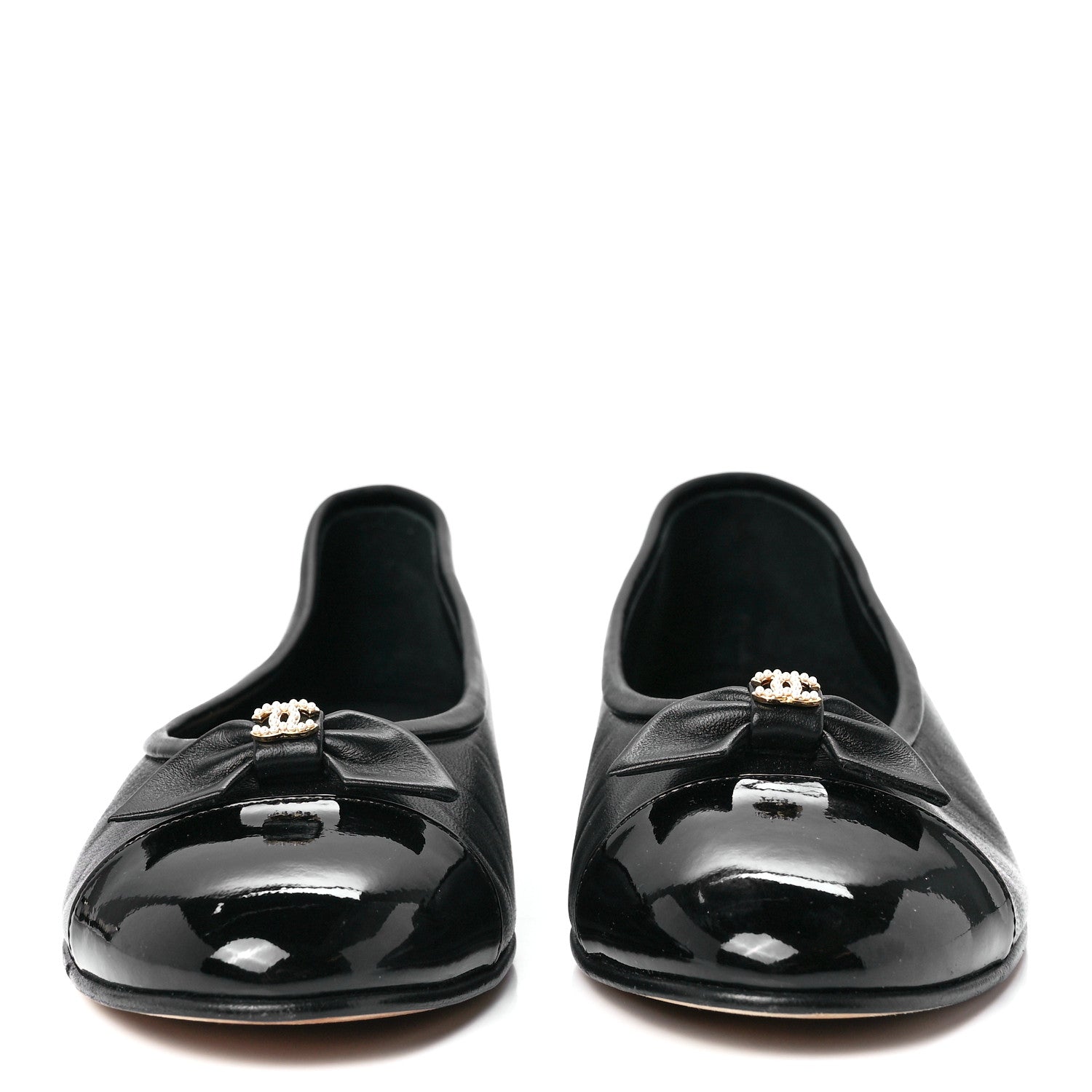 Chanel Lambskin Patent Cap Toe Pearl CC Ballerina Flats 38.5 Black 2 of 9