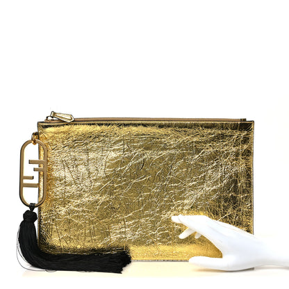 Fendi Laminated Craquele Lambskin Large Flat Pouch  Gold 2 of 8