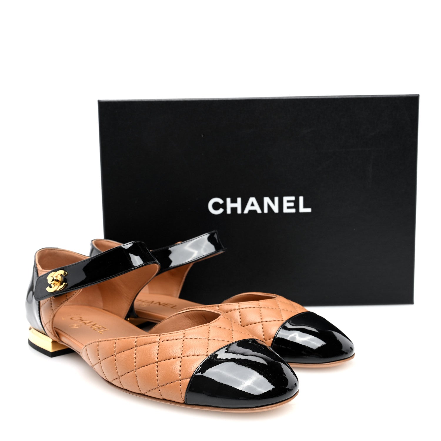 Chanel Patent Lambskin Quilted Cap Toe Ballerina Flats 40 Light Brown Black 9 of 9