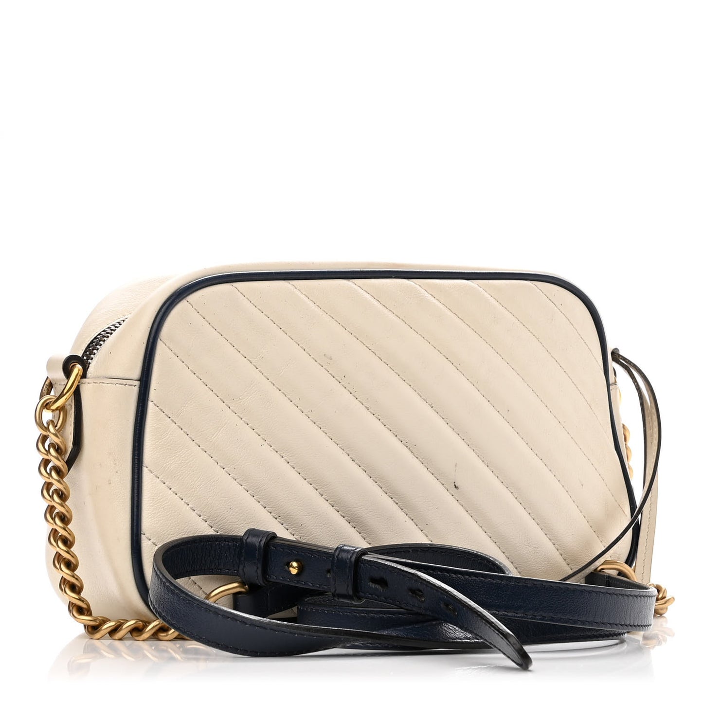 Vintage Effect Calfskin Matelasse Diagonal Small Torchon GG Marmont Chain Shoulder Bag Mystic White Blue Agata