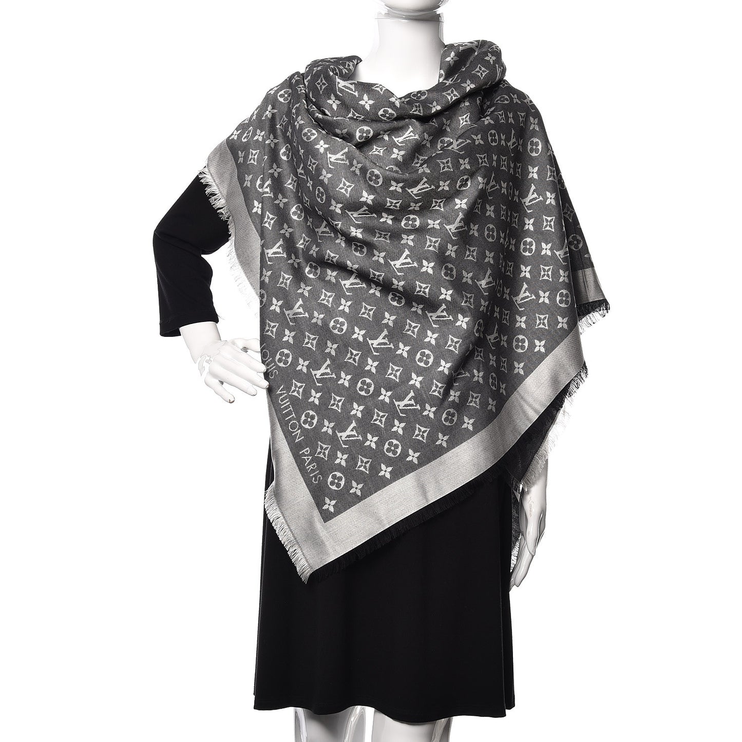 Wool Silk Monogram Denim Shawl Black