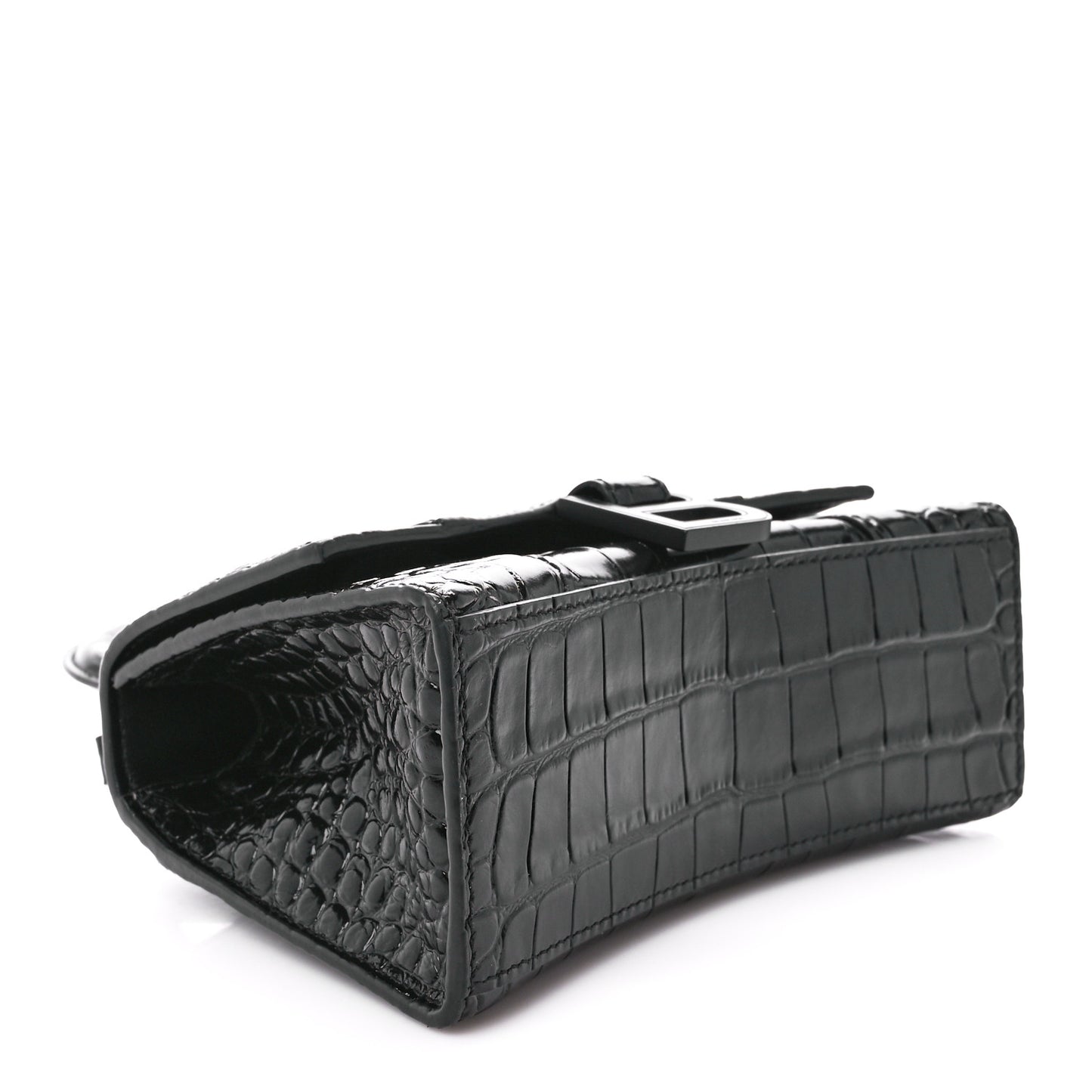 Shiny Calfskin Monochrome Crocodile Embossed Hourglass Top Handle Bag XS Black
