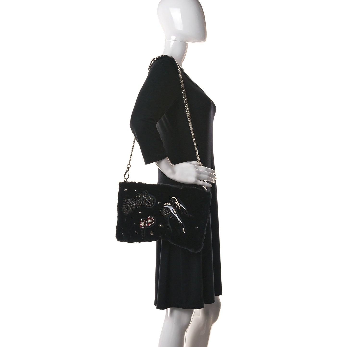 Rabbit Fur Embellished Crossbody Black