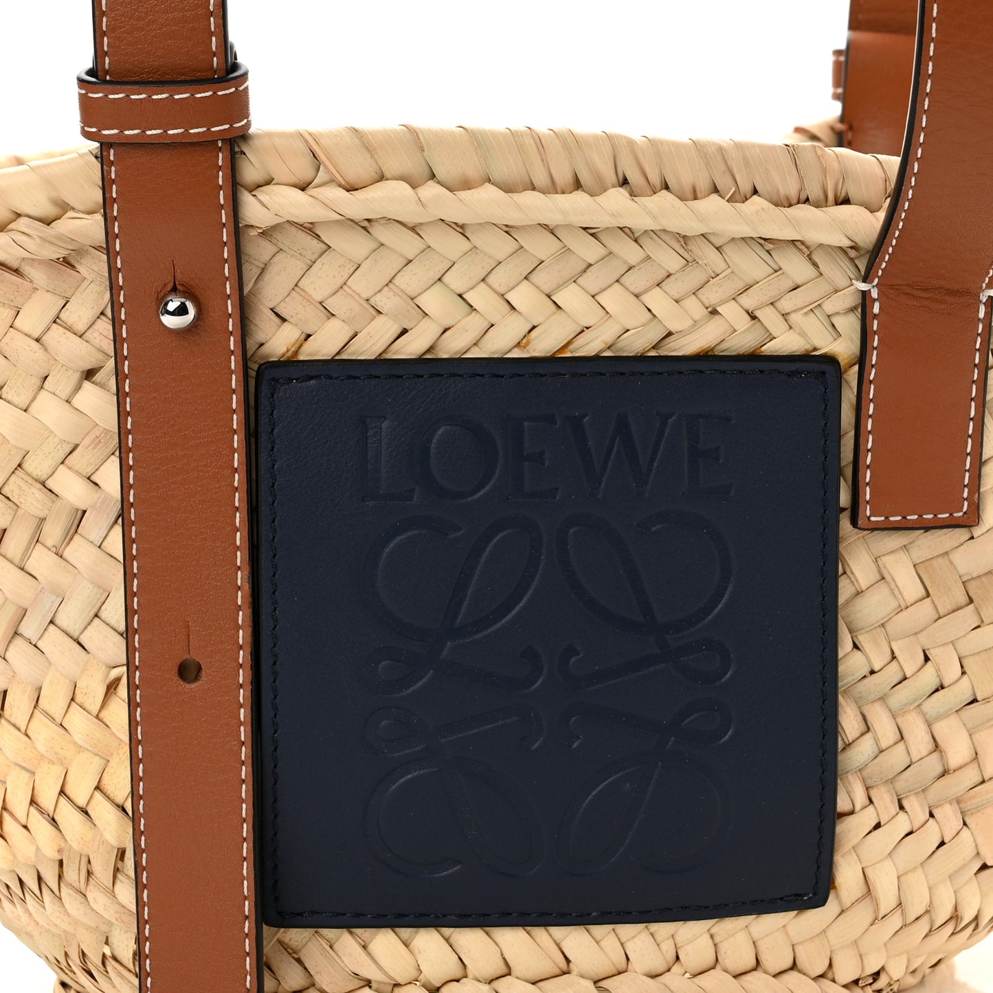 Raffia Small Basket Tote Bag Natural Tan Navy