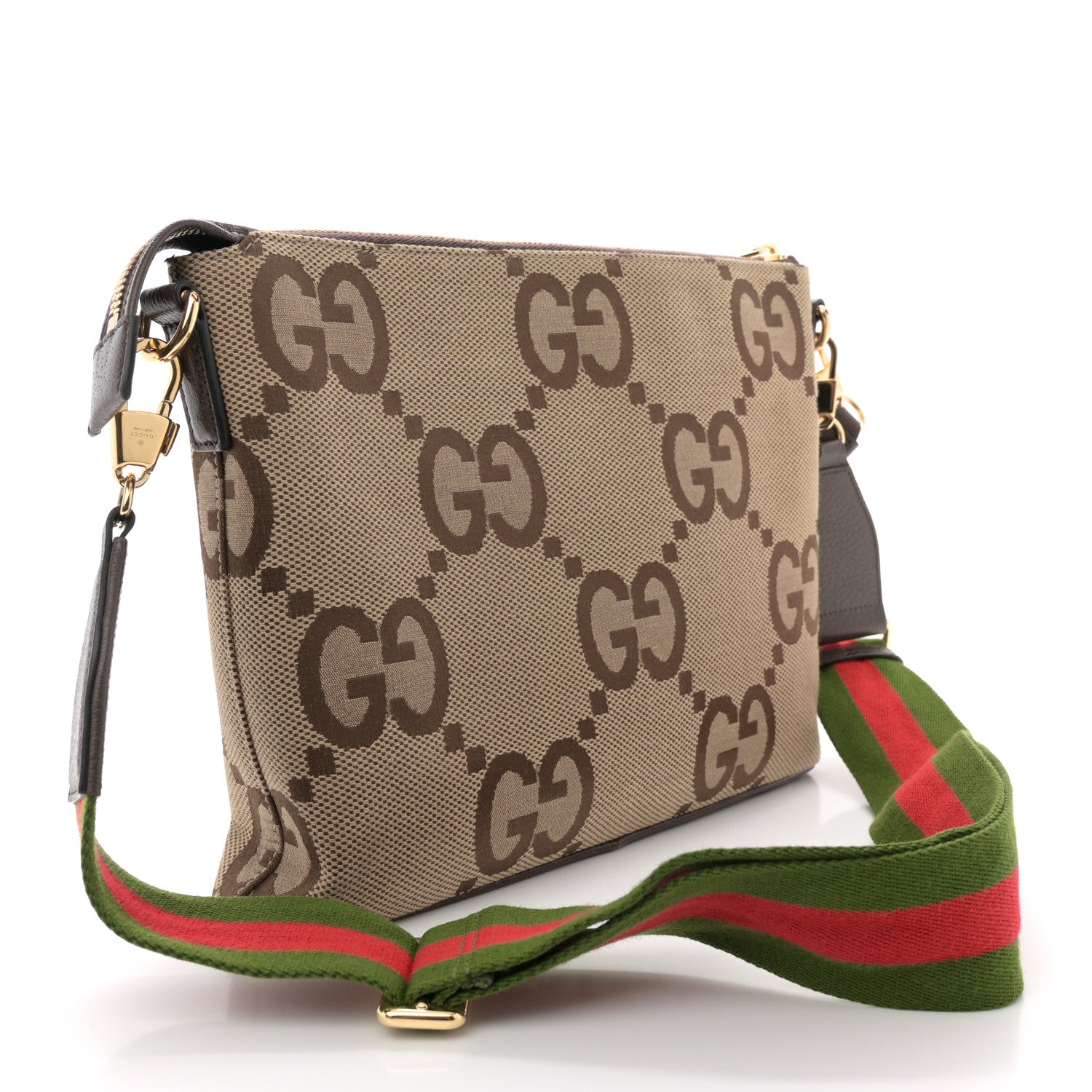 Gucci Monogram Jumbo GG Textured Dollar Calfskin Web Wristlet Messenger Bag Camel Ebony New Acero 2 of 12