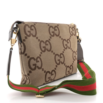 Gucci Monogram Jumbo GG Textured Dollar Calfskin Web Wristlet Messenger Bag Camel Ebony New Acero 2 of 12