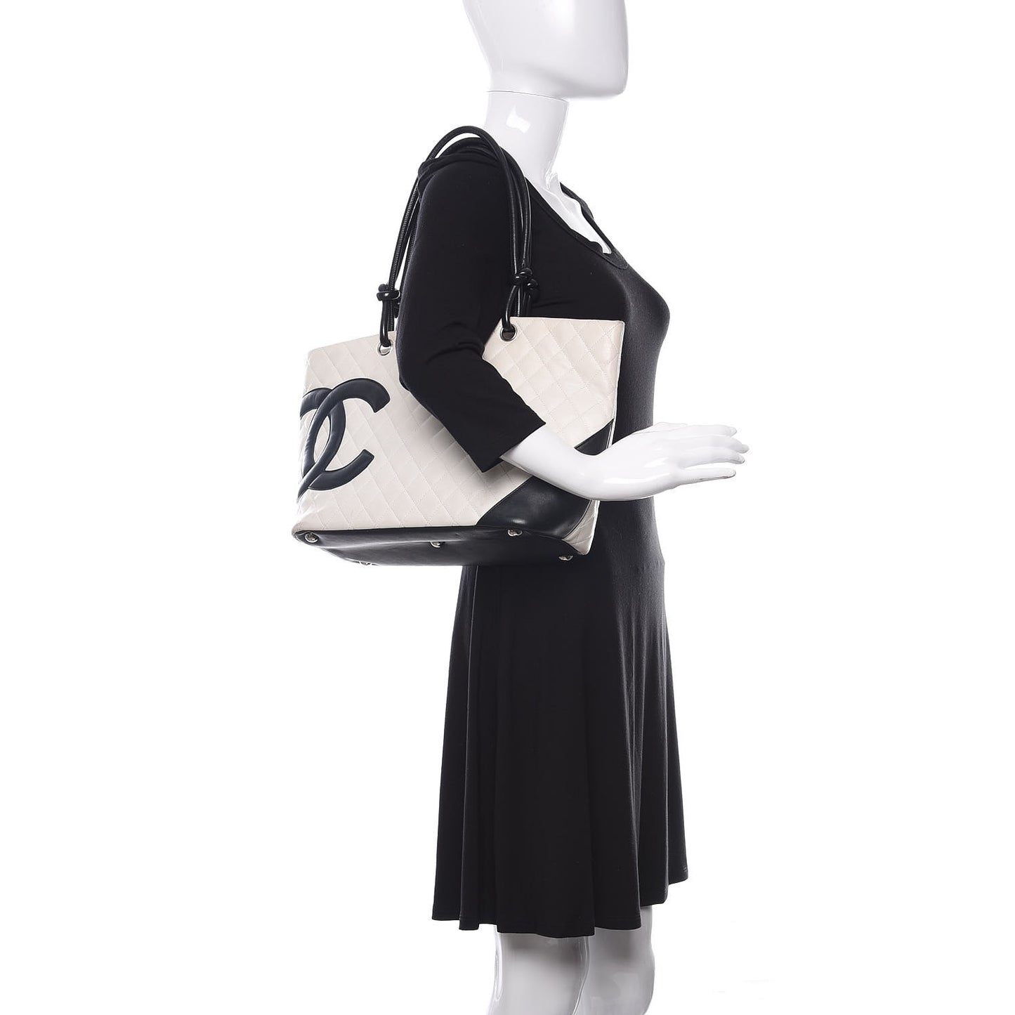 Calfskin Quilted Large Cambon Tote White Black