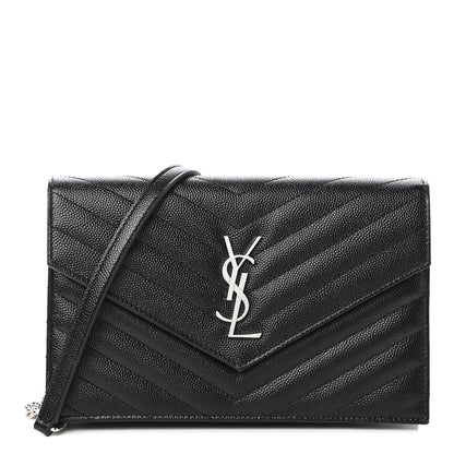 Saint Laurent Grain De Poudre Matelasse Chevron Monogram Envelope Chain Wallet Black 1 of 9