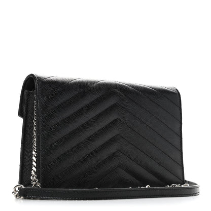 Saint Laurent Grain De Poudre Matelasse Chevron Monogram Envelope Chain Wallet Black 2 of 5